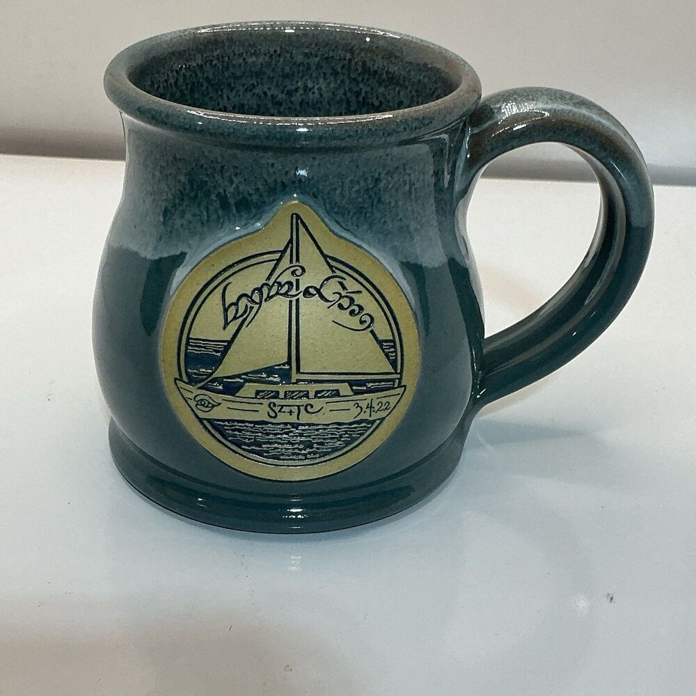 Deneen Pottery Handmade USA Sailboat Mug Blue Teal Nautical SZ+TC 3.4.22